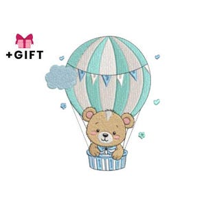 Diseño de bordado de dibujos animados, oso de peluche volando en un globo aerostático, diseño de bordado a máquina, niños, azul bebé, animales, lindo, dulce