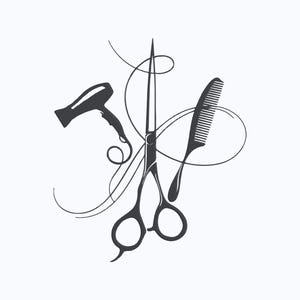Könnte beinhalten: Schwarz-Weiß-Illustration von Friseurwerkzeugen. Das Bild zeigt eine Schere, einen Kamm und einen Haartrockner, alle als Silhouette. Die Werkzeuge sind durch fließende Linien verbunden, die Bewegung und Stil suggerieren.
