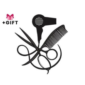 May include: Black silhouette of hairdressing tools, including scissors, a comb, and a hairdryer. A pink gift box with a bow and the text "+GIFT" is in the upper left corner. The image is on a white background.