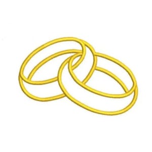 May include: Two interlocking yellow gold rings with a smooth, polished finish. The rings are positioned at an angle, creating a linked circular design. The metal surface reflects light, highlighting the rounded shape of each individual band.