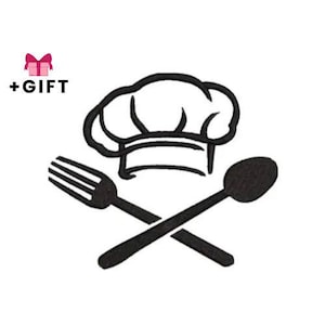 Kitchen Embroidery Design, Chefs Hat Icon Machine Embroidery Design, Fork And Spoon, Scoop,Utensils, Cooker, Chef, Food,Cook,Baker,Kitchener