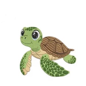 Puede incluir: Ilustración de dibujos animados de una tortuga marina. La tortuga tiene una cabeza y aletas verdes con un caparazón marrón. Los ojos de la tortuga son grandes y negros con un reflejo blanco. El fondo es blanco.