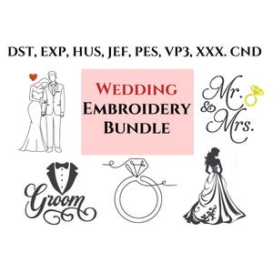 Puede incluir: Gráfico de un paquete de bordado de boda con varios diseños. Incluye una novia y un novio, un anillo y el texto "Wedding Embroidery Bundle", "Mr. & Mrs.", y "Groom". Los diseños son en blanco y negro.