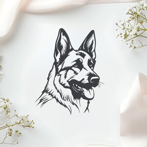 May include: Black and white line art illustration of a German Shepherd dog's head. The dog is depicted in profile, with its tongue slightly out. The artwork is set against a white background with floral and ribbon accents.