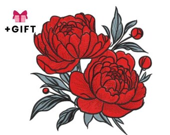 Peonies Embroidery Design, Red Peony Flowers Machine Embroidery File, Instant Download