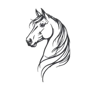 May include: A black and white illustration of a horse's head in profile. The horse has a flowing mane and a detailed depiction of its features, including the eye, nostril, and ear. The artwork is set against a plain white background.