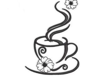 Kitchen Embroidery Design, Coffee Cup With Flower Machine Embroidery File, Instant Download