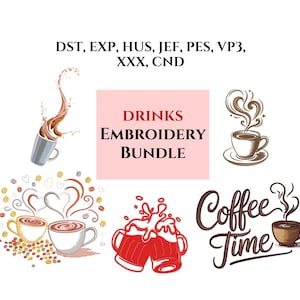 Drinks Machine Embroidery Design Bundle - 5 Modern Hoop Art Patterns - Instant Download, Coffee Drinks And Beer Set, Kitchen Tea Cups Bundle