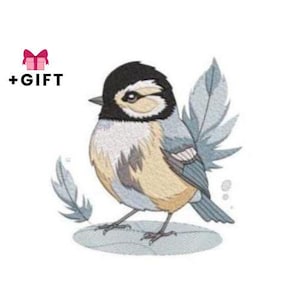 Puede incluir: Ilustración detallada de un pequeño pájaro con cabeza negra, mejillas blancas y pecho amarillo. El pájaro tiene alas y plumas de la cola azules y grises. Incluye el texto "+REGALO" y un icono de caja de regalo rosa.