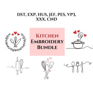 Może przedstawiać: Na białym tle znajdują się projekty haftu kuchennego w postaci linii, w tym garnek, przybory kuchenne i wieniec z sercami. Tekst "KITCHEN EMBROIDERY BUNDLE" znajduje się w różowym prostokącie.