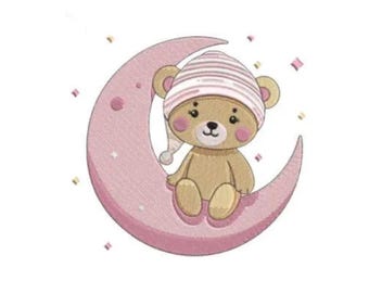 May include: A light brown teddy bear wearing a pink and white striped nightcap, sitting on a crescent moon coloured in shades of pink. The design is surrounded by small, scattered pink and white confetti-like shapes on a plain white background.