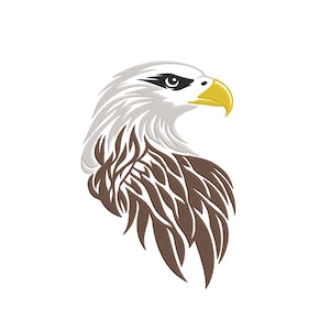 May include: An embroidered patch featuring a profile view of a bald eagle head and neck. The design showcases white feathers on the head, brown feathers on the neck, a sharp yellow beak, and a black eye area, all rendered in detailed embroidery.