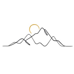 May include: A dark grey embroidered line art design of a mountain range featuring a single continuous thread path. Above the peaks, a golden yellow crescent moon is stitched in a simple curved line, completing the celestial mountain scene.