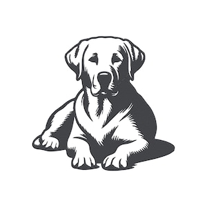Puede incluir: Una ilustración gráfica en blanco y negro de alto contraste de un perro Labrador Retriever en posición tumbada. El diseño presenta líneas marcadas y sombreado negro sólido para definir las facciones, las orejas caídas y la textura del pelaje.