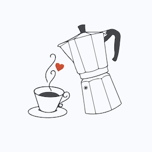 May include: Black and white line art illustration of a coffee maker pouring coffee into a cup. A red heart floats above the cup, and steam rises from the coffee. The cup sits on a saucer.
