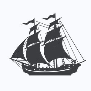 May include: A black silhouette of a sailing ship with three masts and billowing sails. The ship features multiple flags and detailed rigging, set against a white background. The design suggests adventure and maritime themes.