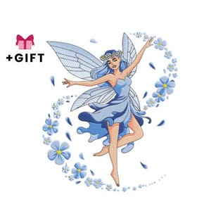 Fairy Machine Embroidery Design - Beautiful Elegant Blue Mystical Magical Woman With Wings, Fairytale Powerful Mythical Lady With Flowers,