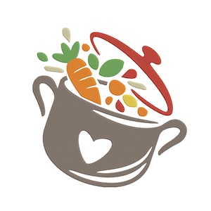 May include: A brown pot with a heart-shaped cutout, filled with colorful vegetables and topped with a red lid. The vegetables include a carrot, green leaves, and other colorful ingredients, suggesting a soup or stew.