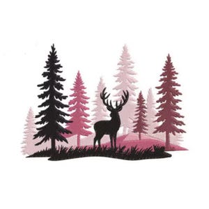 May include: An embroidery design featuring a black silhouette of a stag standing in a forest. The scene includes various pine trees rendered in shades of black, dark pink, and light pink, set against a textured background of rolling hills.