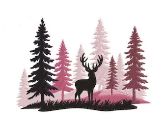 Deer Embroidery Design, Deer in Forest Machine Embroidery Design, Nature Embroideries, Animals, Deers, Elk And Fir Trees, Stag, Pink Black