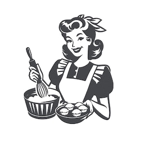 May include: Black and white vintage illustration of a woman baking. She wears an apron and holds a bowl with a whisk and a tray of cupcakes. The woman has a retro hairstyle and a smile.