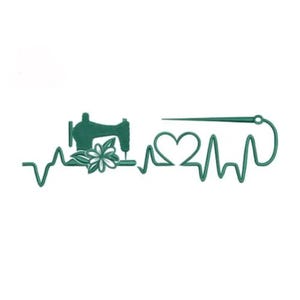May include: A green line drawing of a sewing machine, a flower, a heart, and a needle with thread. The design is on a white background, with the elements linked by a heartbeat-style line.