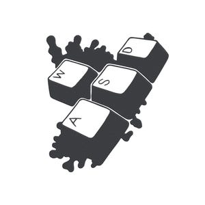 May include: Black and white graphic of four computer keyboard keys: A, S, D, and W. The keys are arranged in a cluster, with a textured background resembling a splash or splatter.