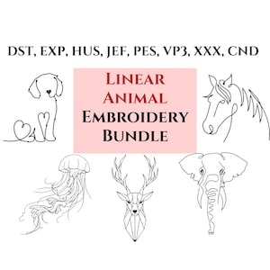 Peut inclure: Ensemble de broderies linéaires d'animaux en noir et blanc. Les motifs comprennent un chien, un cheval, une méduse, un cerf et un éléphant. Le texte "LINEAR ANIMAL EMBROIDERY BUNDLE" est affiché dans un rectangle rose.