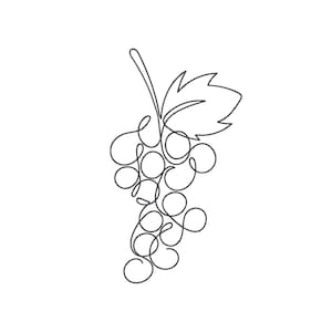 May include: A single continuous black line drawing of a cluster of grapes with a single leaf attached to the stem. The design is created with a fluid, unbroken stroke that forms the circular shapes of the individual grapes and the leaf outline.