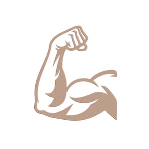 May include: A light brown embroidered patch featuring a stylized graphic of a flexed bicep arm. The design is rendered in a solid, flat color with a visible fabric texture throughout the shape, showcasing a bent arm with a clenched fist.