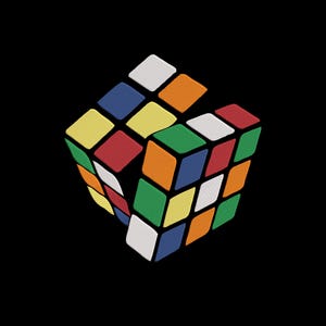 May include: A colorful Rubik's Cube with a black background. The cube features squares in red, orange, yellow, green, blue, and white. The cube is partially solved, with some sides showing a single color.