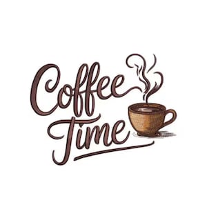 May include: A brown and white graphic with the words "Coffee Time" in a cursive font. A steaming cup of coffee is to the right of the text. The image is on a white background.