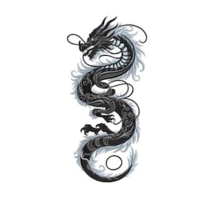 May include: A detailed illustration of a black dragon with silver accents. The dragon is depicted in a vertical pose, with its body curving and its head facing left. The design features intricate patterns and a white background.