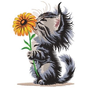 May include: An embroidered design of a gray and black tabby kitten holding a yellow and orange flower. The kitten is sniffing the flower, with its eyes closed. The design is on a white background.