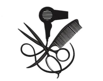 May include: Black silhouette of hairstyling tools, including scissors, a comb, and a hairdryer. The tools are arranged in a decorative design, suggesting a salon or beauty theme. The image is set against a white background.