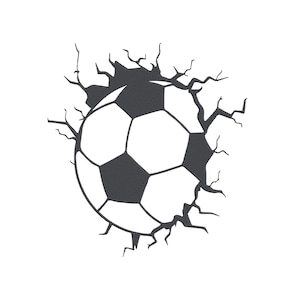May include: A black and white soccer ball graphic, appearing to break through a surface, with jagged lines emanating from the point of impact. The ball's design features black pentagons and white hexagons, creating a classic soccer ball pattern.
