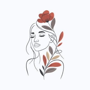 以下が含まれることがあります： 赤い花と赤、茶色、金色の葉で飾られた、目を閉じた女性の顔の刺繍デザイン。このアートワークは、白い背景に対して、ミニマリストな線画スタイルで表現されています。