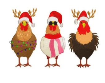 Diseño de bordado navideño, archivo de bordado a máquina de pollos festivos, descarga instantánea