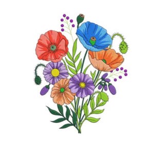 以下が含まれることがあります： 赤、青、オレンジ、紫、黄色の花々が咲き誇る、鮮やかな花のブーケ。緑の葉が彩りを添え、白い背景に映える、細部までこだわった花びらと茎が印象的なビジュアルです。