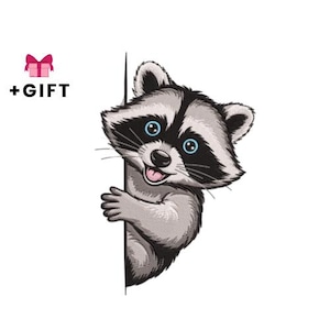 Könnte beinhalten: Ein Cartoon-Waschbär, der hinter einer weißen Oberfläche hervorschaut, mit rosa Zunge und blauen Augen. Das Bild enthält eine rosa Geschenkbox mit Schleife und den Text "+GESCHENK".