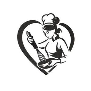 May include: Black and white illustration of a chef inside a heart shape. The chef is wearing a hat and uniform, holding a whisk over a bowl. The image is a simple, elegant design, perfect for culinary-themed products.