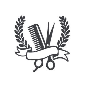 May include: A black and white barber shop logo featuring a comb, scissors, and a ribbon. The comb and scissors are centered, with a ribbon below and a laurel wreath on each side. The design is simple and elegant.