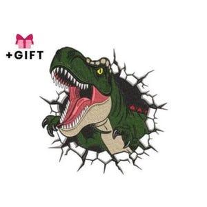 Diseño de bordado de dinosaurio, diseño de bordado a máquina de T-Rex, dinosaurios enojados, animales bordados, verde, boca abierta, agresivo, feroz