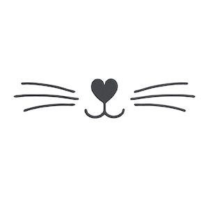Puede incluir: Un diseño minimalista que presenta una cara de gato con una nariz en forma de corazón y bigotes. El diseño es en gris oscuro sobre un fondo blanco, ideal para diversos proyectos de manualidades.