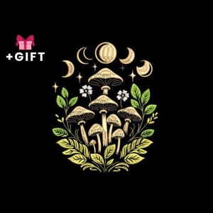 Boho Embroidery Design, Aesthetic Cottagecore Mushroom Machine Embroidery Design, Mushrooms, Moon, Moons,Stars,Flowers,Night,Leaves,Mystical