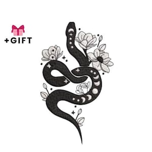 Puede incluir: Ilustración de una serpiente negra con detalles florales y celestiales. La serpiente está enrollada, adornada con lunas crecientes, estrellas y flores. La imagen incluye el texto "+REGALO" con un lazo rosa.