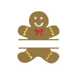 Puede incluir: Un diseño de bordado de hombre de jengibre marrón con una cara sonriente blanca, una pajarita roja y líneas onduladas amarillas en brazos y piernas. La figura está dividida horizontalmente por un espacio blanco entre dos líneas marrones.