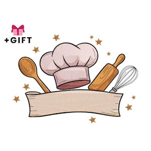 Könnte beinhalten: Gesticktes Design mit Kochmütze, Holzlöffel, Nudelholz und Schneebesen. Unter den Gegenständen befindet sich ein Banner mit verstreuten goldenen Sternen. Der Text "+GESCHENK" befindet sich über dem Banner mit einer rosa Geschenkbox.