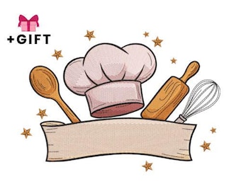 Design de bordado de cozinha, design de bordado de máquina de banner de chef de cozinha, cozinheiro, fogão, assado, padeiro, cozinheiro, utensílios, comida, chapéu de chef