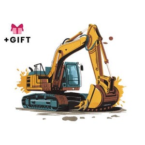 Op de afbeelding: Illustratie van een gele en blauwe graafmachine met een bruine bak en rupsbanden. De afbeelding bevat de tekst "+CADEAU" met een roze cadeau-icoon. De graafmachine is afgebeeld met gele en bruine spetters.